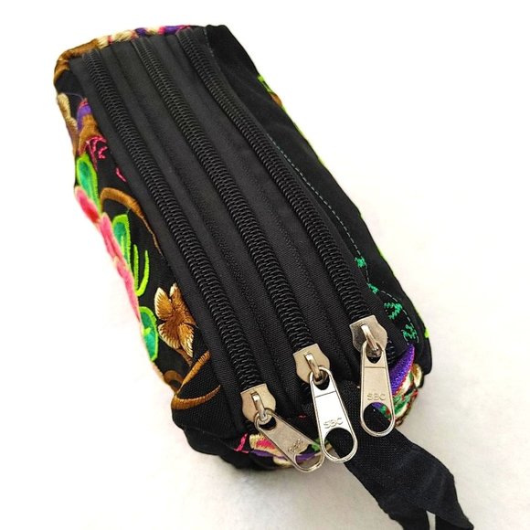 Embroidery Rabbits Floral Fabric Wristlet Pouch Black Brown Red 3-Layer Zippers - Picture 9 of 13